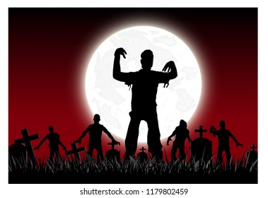 Halloween background. Tombstone(graveyard) with moon and dark forest. Halloween design with copyspace