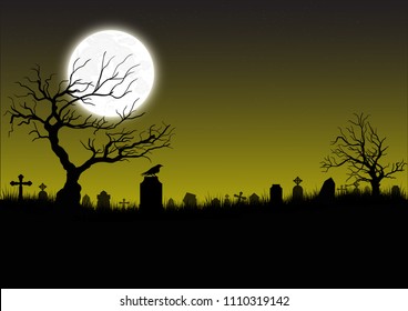 Halloween background. Tombston(graveyard) with moon and dark forest. Halloween design with copyspace