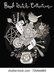 Halloween background with traditional symbols, witch magic objects, pentagram, herbs, on black. Graphic vector engraved illustration with design template elements for poster, banner, card