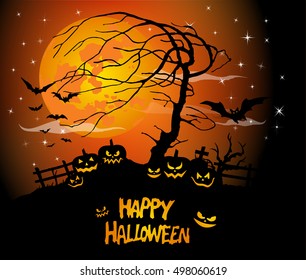 Halloween background with tree, bat, pumpkins, moon, tombstone. Happy halloween theme. Happy halloween greeting card. Vector illustration.