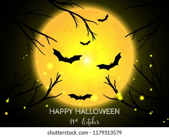Halloween background of tree branches and flying bats on full moon sky and Happy Halloween text. Vector illustration design for Invitation to party or greeting card or banner.