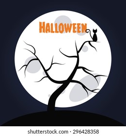 Halloween background with a tree, a cat and the moon. Vector illustration