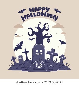 Halloween background with tree in the cemetery