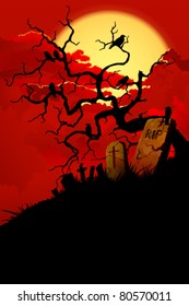 Halloween background with tree, crows and cemetery