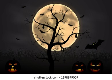 Halloween background with tree, full Moon and pumpkins in dark night isolated. Halloween moon, scary bats and dark forest poster. Vector illustration.