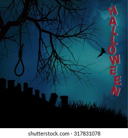 Halloween Background with Tree Hangman Noose Text and Graveyard