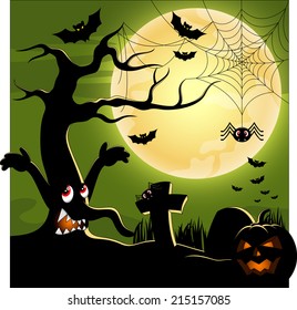 Halloween background with tree monster terrible at the full moon