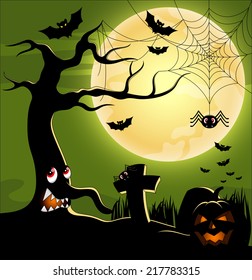 Halloween background with tree monster terrible at the full 