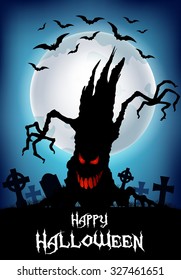 Halloween background with tree silhouette and cemetery