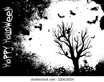 Halloween background with tree silhouette, jack o'lantern pumpkins and bats