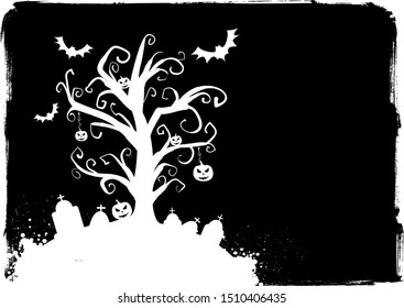 Halloween background with tree silhouette on full moon, jack o'lantern pumkins and bats on black grunge background