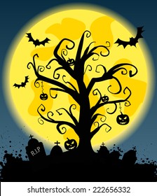 Halloween Background With Tree Silhouette On Full Moon, Jack O'lantern Pumkins And Bats