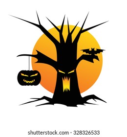 Halloween background with tree silhouette on full moon.