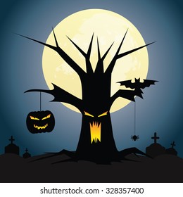Halloween background with tree silhouette on full moon.
