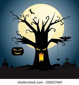 Halloween background with tree silhouette on full moon.