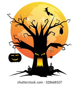 Halloween background with tree silhouette on full moon.
