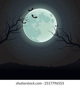 Plano de fundo de Halloween com silhueta de árvore em lua cheia