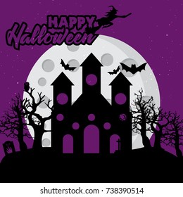 Halloween background with trees silhouette on full moon, bats and haunted house near grave yard.