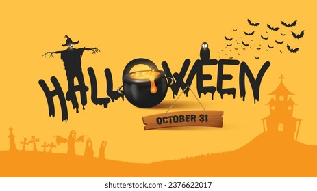 Fondo de Halloween con fugas de moda de fuentes de Halloween y caldero realista