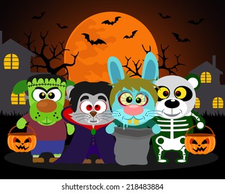 Halloween background  trick or treat animals in Halloween costume