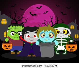 Halloween background  trick or treat with kids in Halloween costume