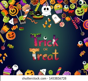 Halloween background. Trick or treat logo, creative monster text, design liters. Halloween sweets, delicious hand drawn icons. Hand drawn halloween food, pumpkins, ghost, eyeball, candy corn, cupcake 