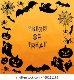Halloween Background. Trick or treat. Halloween orange background with bats, ghosts, spiderweb, spiders and pumpkins. Vector illustration