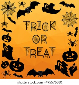 Halloween Background. Trick or treat. Halloween orange background with bats, ghosts, spiderweb, spiders and pumpkins. Vector illustration