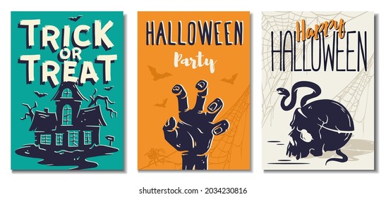 Halloween background of trick or treat for spooky mystery holiday. Fear postcard set with zombie hand, haunted house and skull for happy halloween