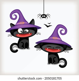 Halloween background with two black cats in witch hats. Hand drawing cartoon illustration