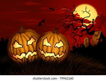 Halloween background with two pumpkins and cemetery