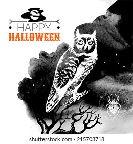 Halloween background. Typographic poster. Hand drawn sketch and watercolor vector illustration