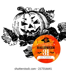 Halloween background. Typographic poster. Hand drawn sketch and watercolor vector illustration