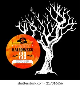 Halloween background. Typographic poster. Hand drawn sketch and watercolor vector illustration