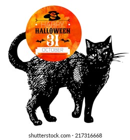 Halloween background. Typographic poster. Hand drawn sketch and watercolor vector illustration