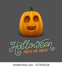 Halloween background with typography and orange happy pumpkin. Trick or Treat. Vector illustration