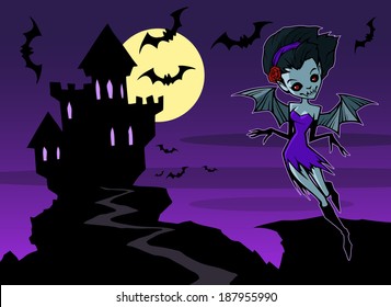 Halloween background with vampire castle, moon and bats