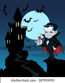 Halloween background with vampire castle, moon and bats