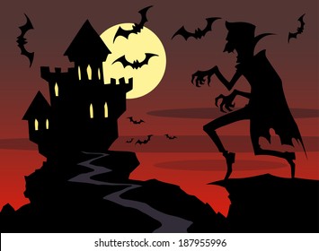 Halloween Background With Vampire Castle, Moon And Bats