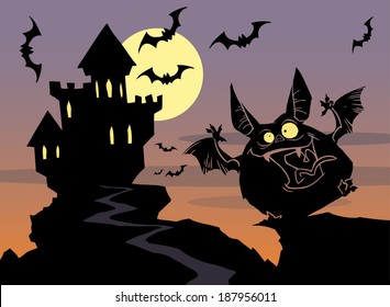 Halloween background with vampire castle, moon and bats