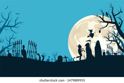 Halloween background with vampire, grim reaper, zombies and witch in graveyard and the full moon.