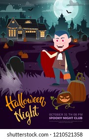 Halloween background with vampire, haunted house and full moon. Flyer or invitation template for Halloween party. Vector illustration.