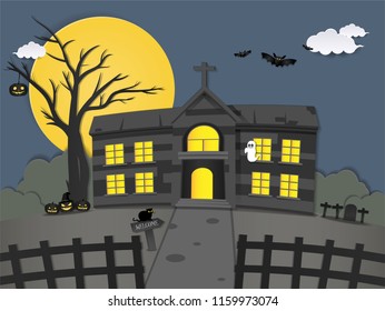 Halloween background with various spooky creature,black castle and full moon.Vector Illustration