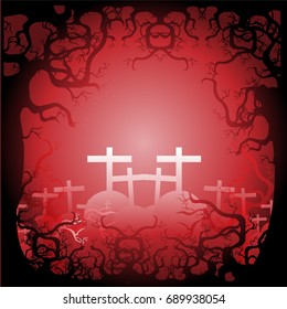 Halloween Background Vector and Abstract design layout with graveyard, tombstone and forest illustration in red color tone