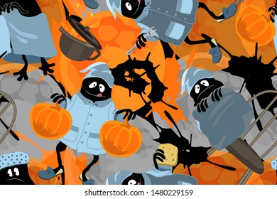 Halloween background vector. Art seamless pattern with cute black monsters, orange pumpkin, moon, web. Isolated elements on orange background.