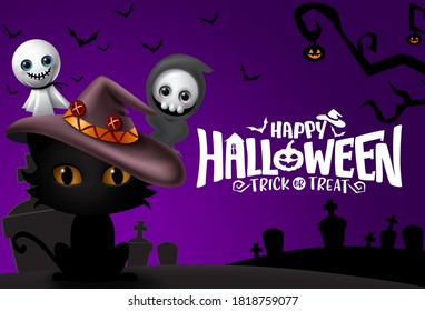 Halloween background vector banner design. Happy halloween greeting text with cat silhouette, ghost and grim reaper characters in scary cemetery for trick or treat design. Vector illustration