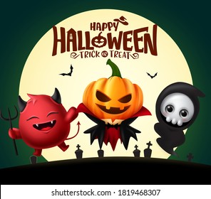 Halloween background vector banner design. Happy halloween text with scary characters like pumpkin, grim reaper and demon characters for trick or treat children party.  Vector illustration