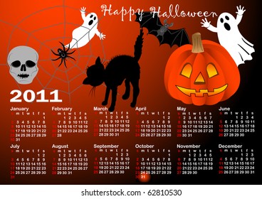 halloween background vector, calendar for 2011. american style (Week starts on Sunday).