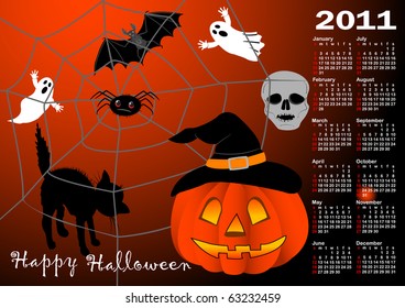 halloween background vector; calendar for 2011. american style (Week starts on Sunday).