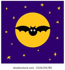 Halloween background vector cartoon illustration, with flying bat above a full moon in black sky at night.